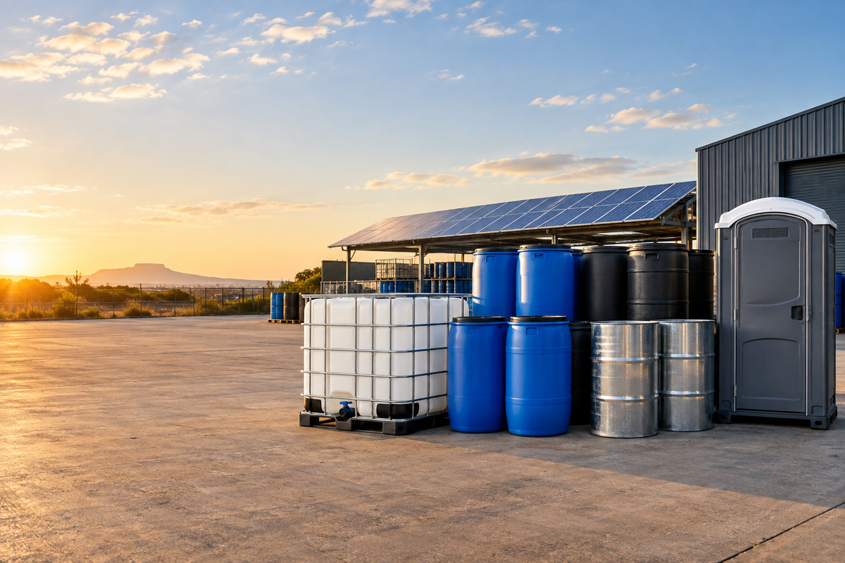 Industrial supply banner for solar, tanks, drums, and mobile toilets